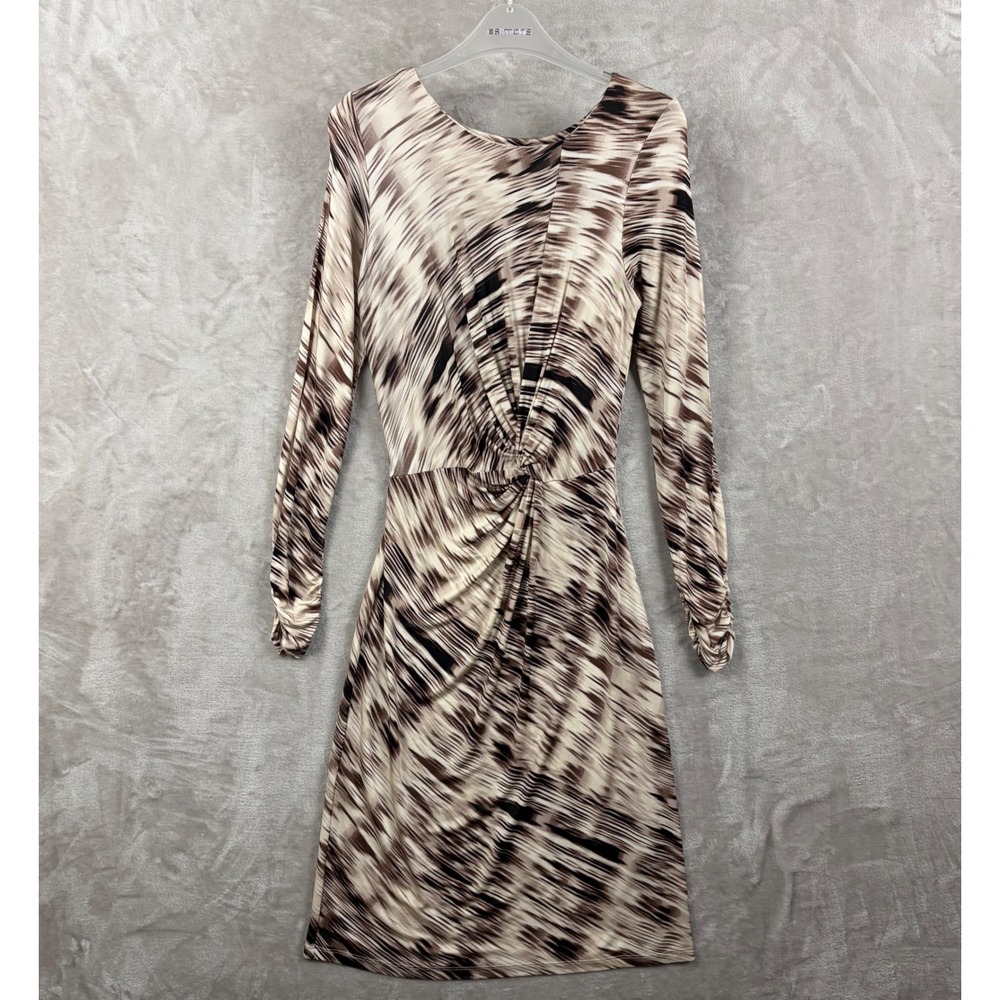Ghost London Abstract Print Twist Front Long Sleeve Midi Dress Brown Cream UK 6